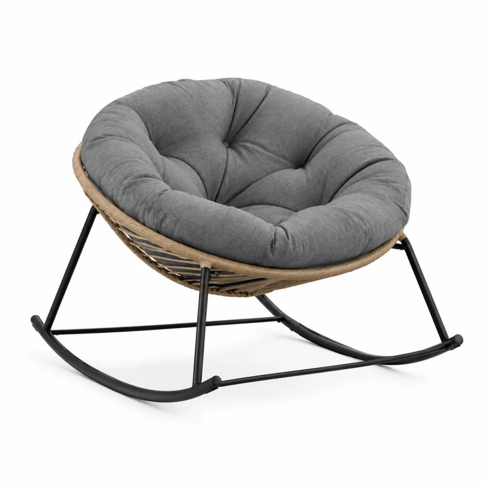Fauteuil à bascule d extérieur type papasan en rotin synthétique PE et acier avec coussin polyester gris 110 cm x 95 cm x 85 cm