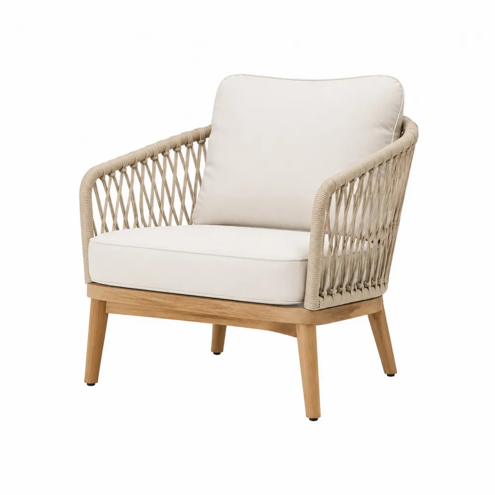 Fauteuil de jardin 1 place 78 x 82 x 82 cm en acacia massif corde polypropylène coussins beige