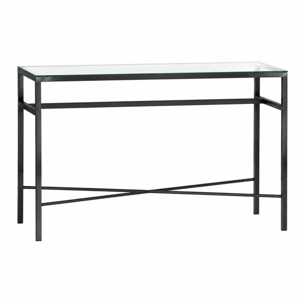 Table console 120 x 35 x 80 cm plateau en verre trempé transparent structure en acier noir étagère basse croisée