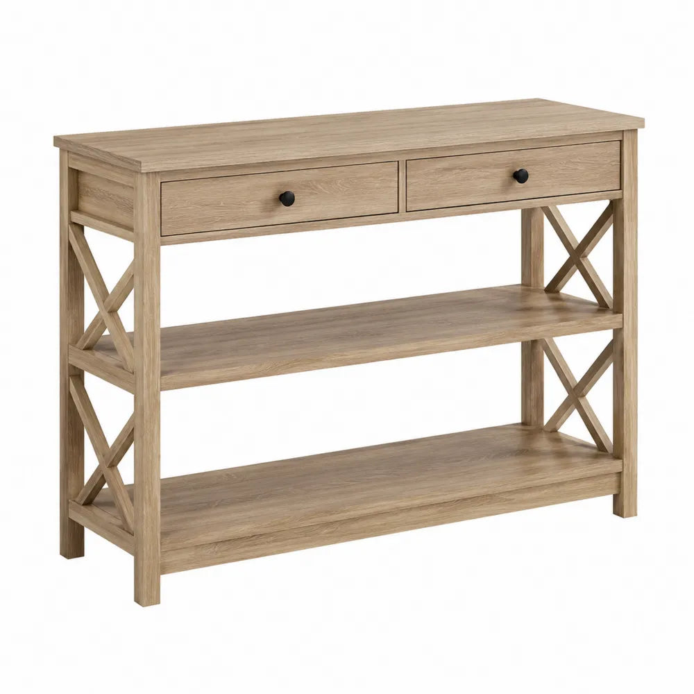 Table console 120 x 35 x 80 cm MDF plaqué chêne naturel 2 tiroirs étagères ouvertes croisillons en X