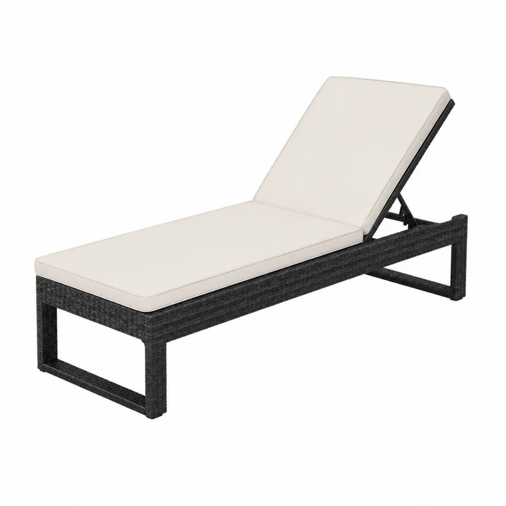 Bain de soleil de jardin réglable en résine tressée noir avec coussin polyester beige 200 cm x 65 cm x 90 cm
