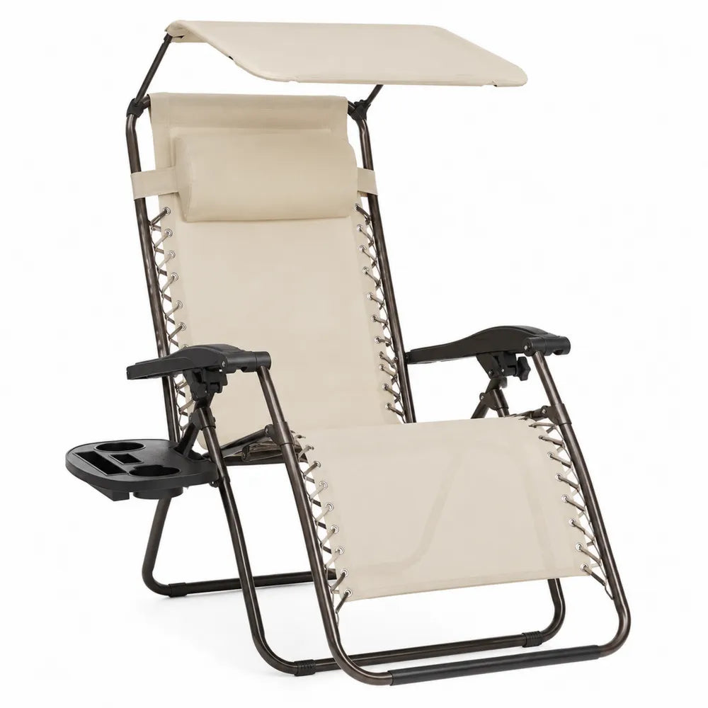 Fauteuil relax de jardin inclinable avec pare soleil en acier noir et toile polyester beige 165 cm x 66 cm x 112 cm
