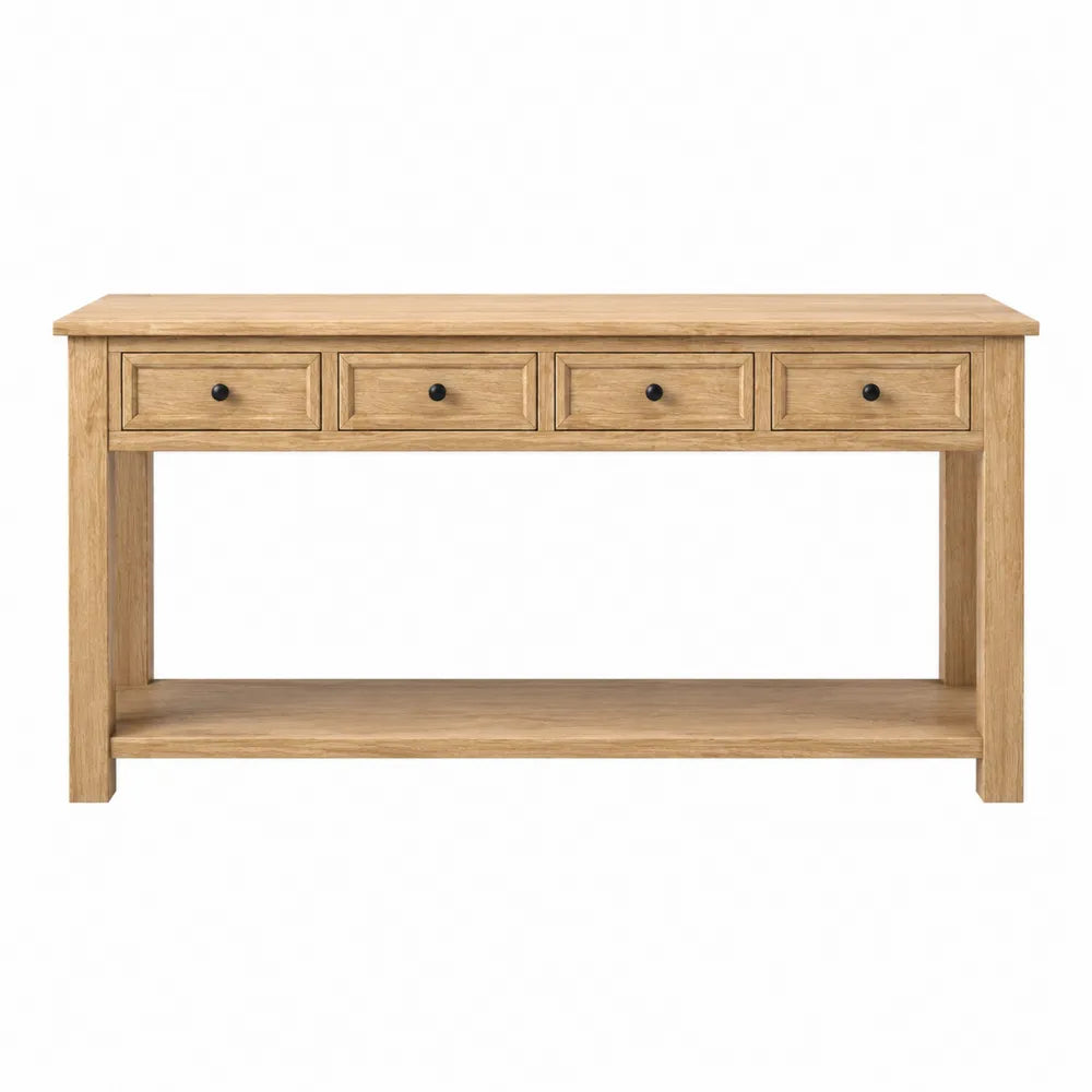 Table console 4 tiroirs bois naturel avec étagère inférieure 140 cm x 35 cm x 80 cm