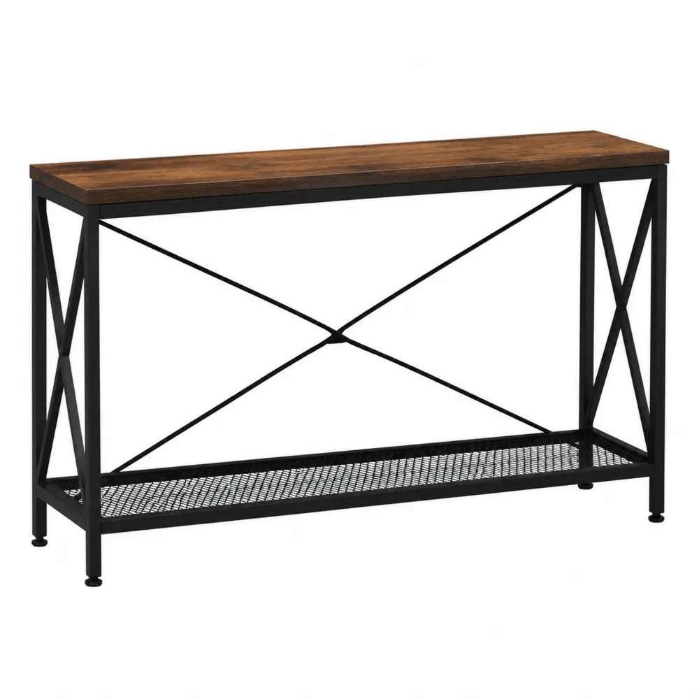 Table console rectangulaire bois et métal noir avec étagère inférieure