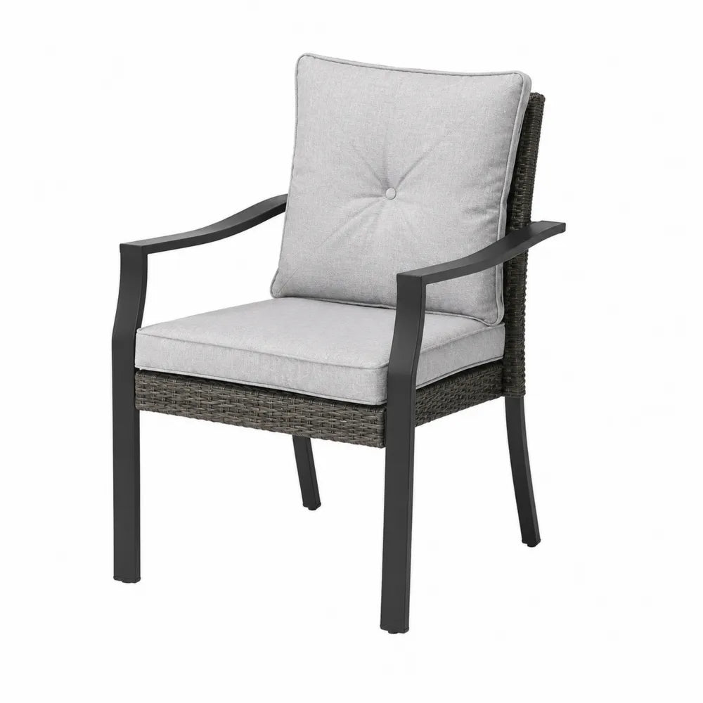 Chaise de jardin 62 x 66 x 89 cm en aluminium thermolaqué noir résine tressée PE gris anthracite et coussins gris clair avec accoudoirs