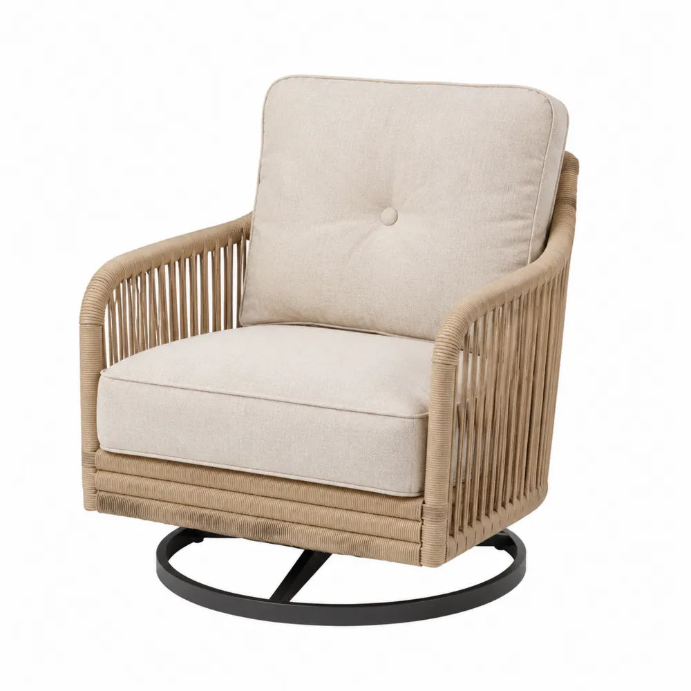 Fauteuil de jardin pivotant en corde tressée beige et bois d acacia avec base acier noir 78 cm x 78 cm x 80 cm