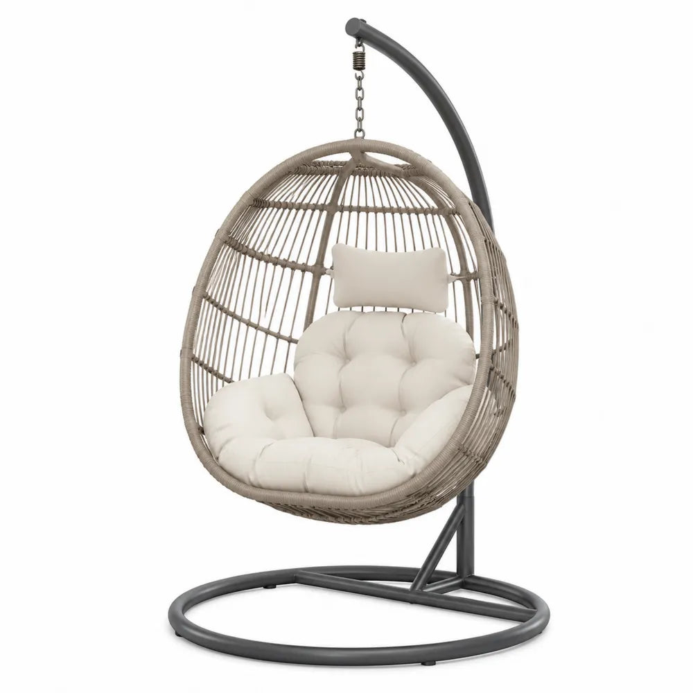 Fauteuil suspendu de jardin 105 x 95 x 195 cm résine tressée PE taupe acier gris avec support base circulaire coussins crème