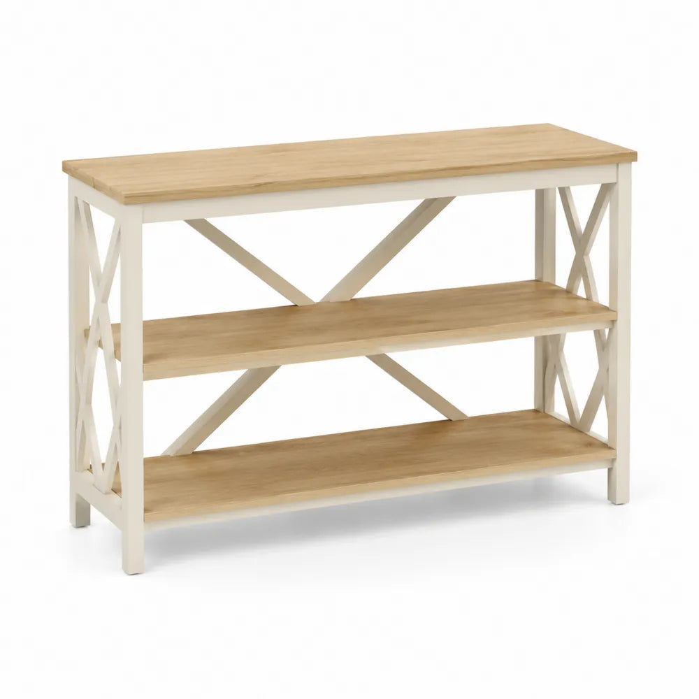 Table console 120 x 35 x 80 cm 3 niveaux MDF mélaminé chêne clair structure bois blanc cassé étagères ouvertes croisillons en X