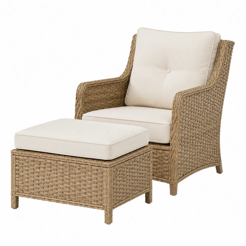 Fauteuil de jardin avec repose-pieds en résine tressée naturel 70 x 80 x 85 cm avec coussins beige