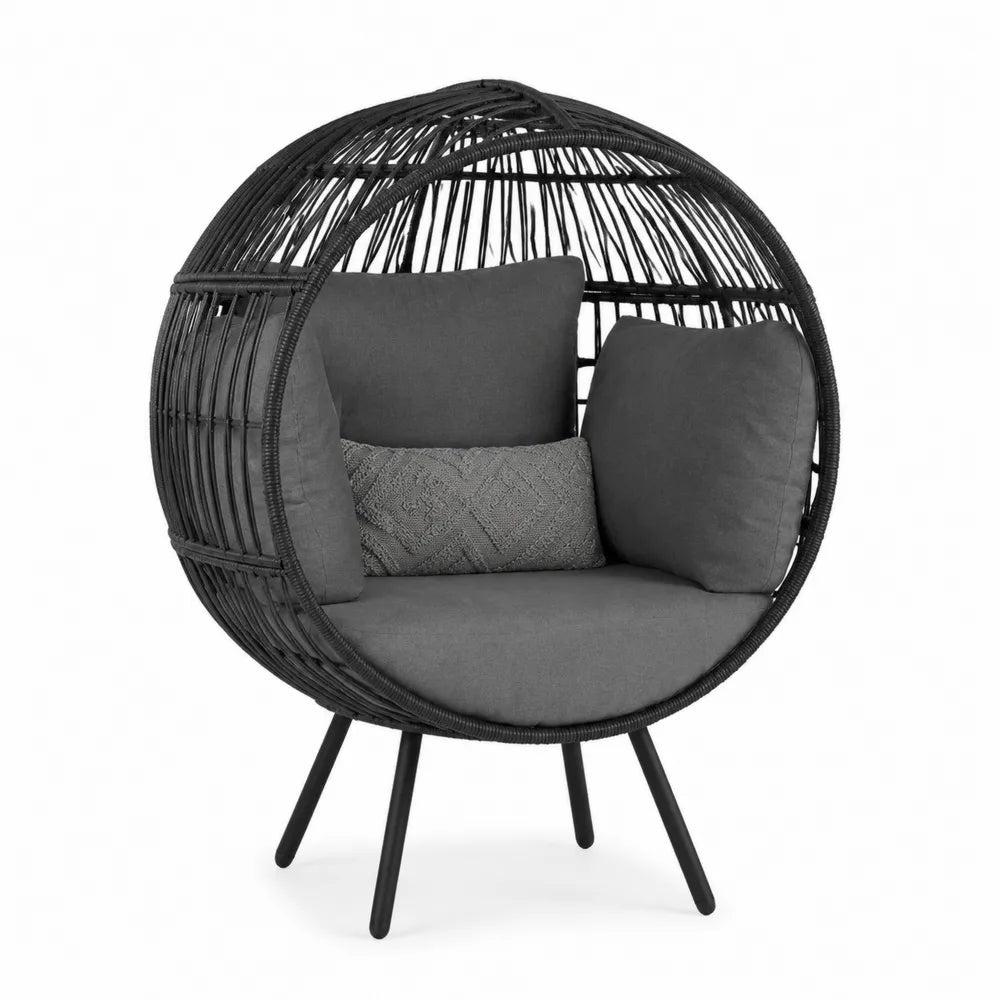 Fauteuil cocon de jardin 112 x 98 x 150 cm en résine tressée PE noire avec coussins polyester gris structure sur pieds acier
