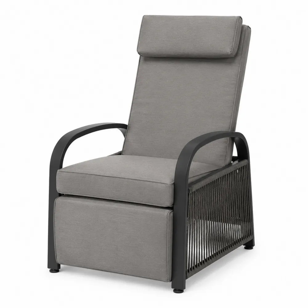 Fauteuil relax de jardin inclinable avec repose-jambes aluminium thermolaqué noir et textilène gris