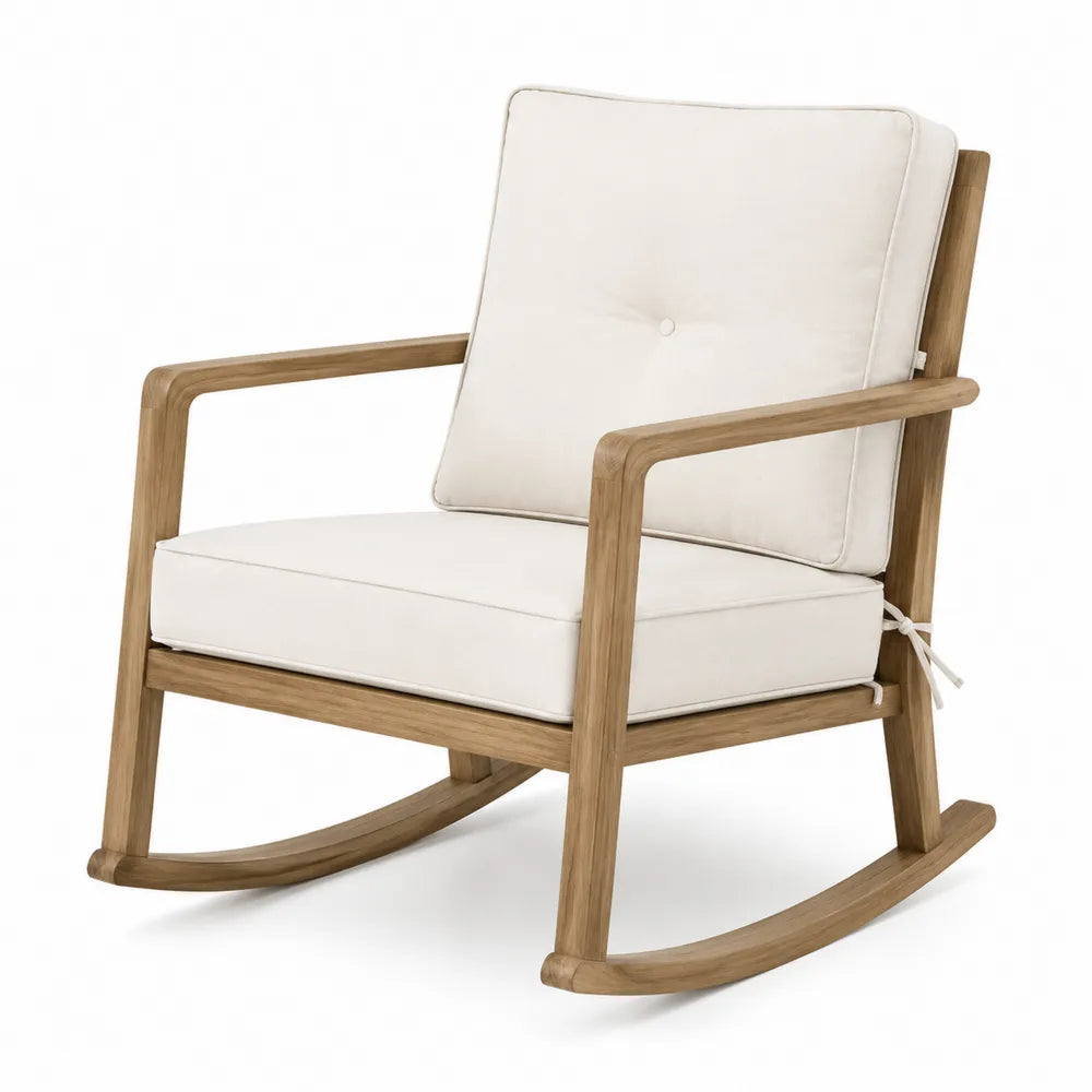 Fauteuil à bascule de jardin en bois d'acacia massif avec coussins beige 76 x 92 x 89 cm