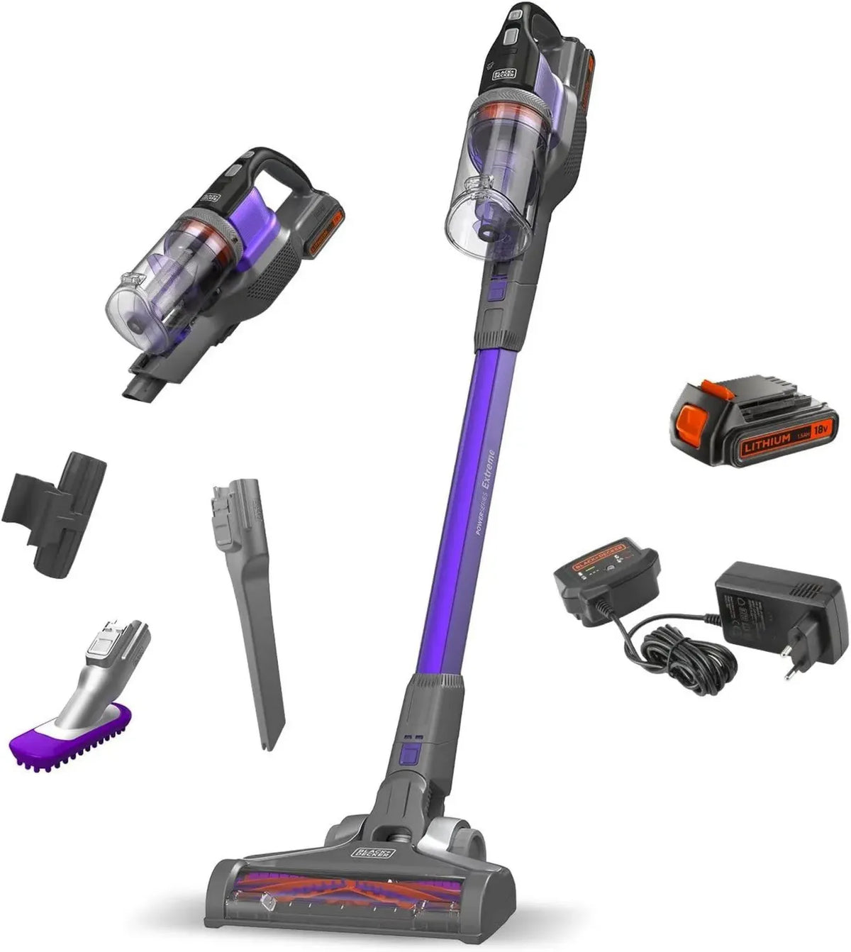 Aspirateur Balai sans Fil BLACK+DECKER 18V, 3 Vitesses, Accessoire pour Animaux, 58 Min d'Autonomie, Réservoir 650 ML