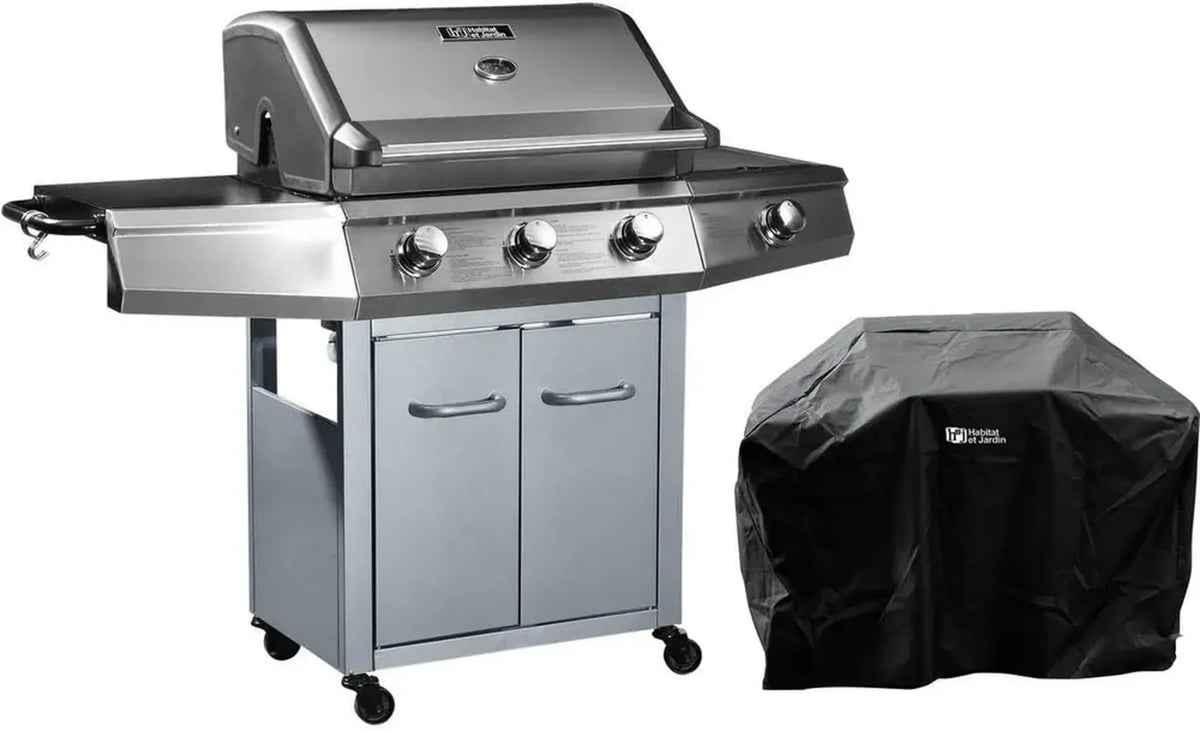 Barbecue à Gaz 4 Brûleurs avec Housse, 14kW - Argenté