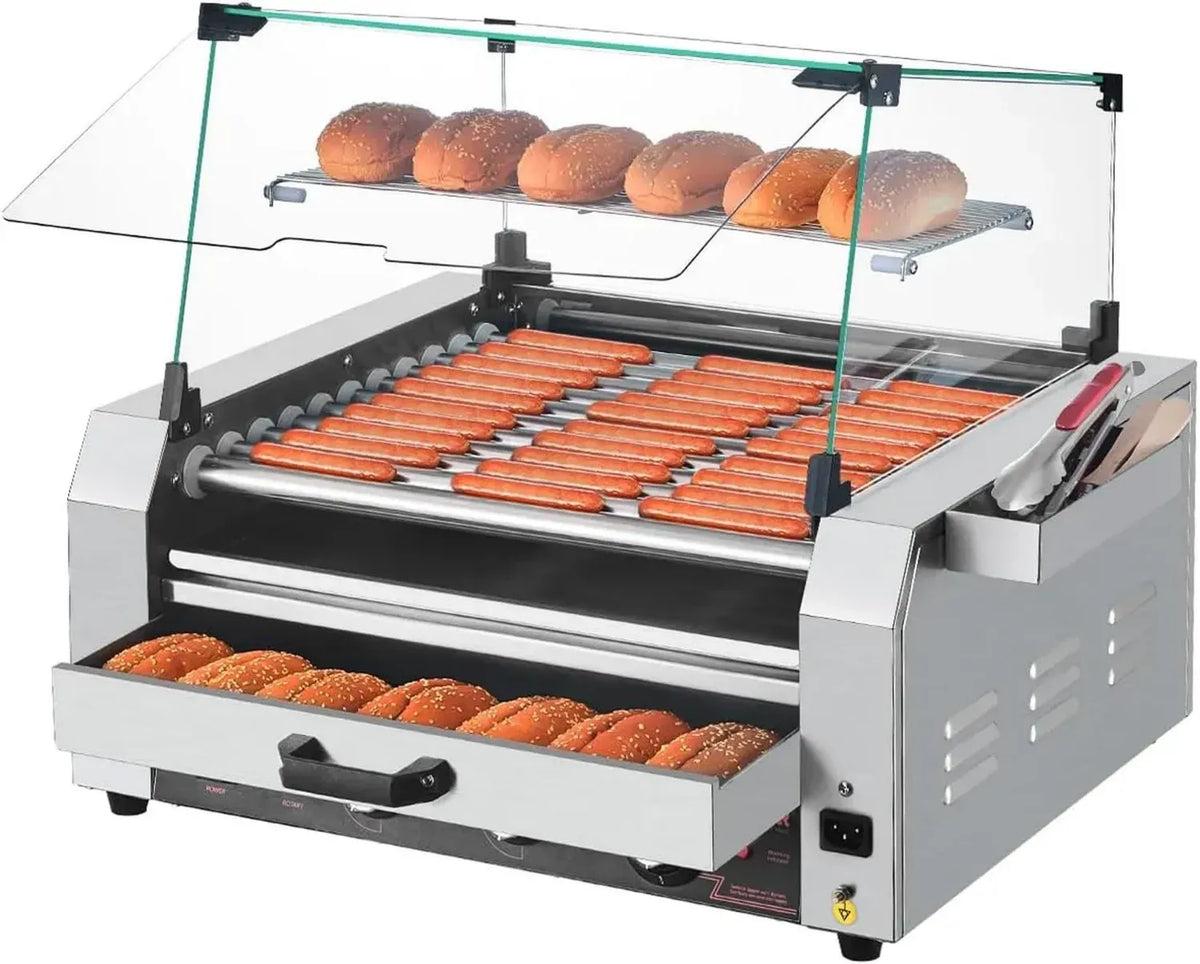 Tournebroche à Hot-Dogs VEVOR, 11 Rouleaux, Grille à Saucisses en Acier Inoxydable, Avec Chauffe-Pains et Couvercle, Idéal pour Maison et Commerce