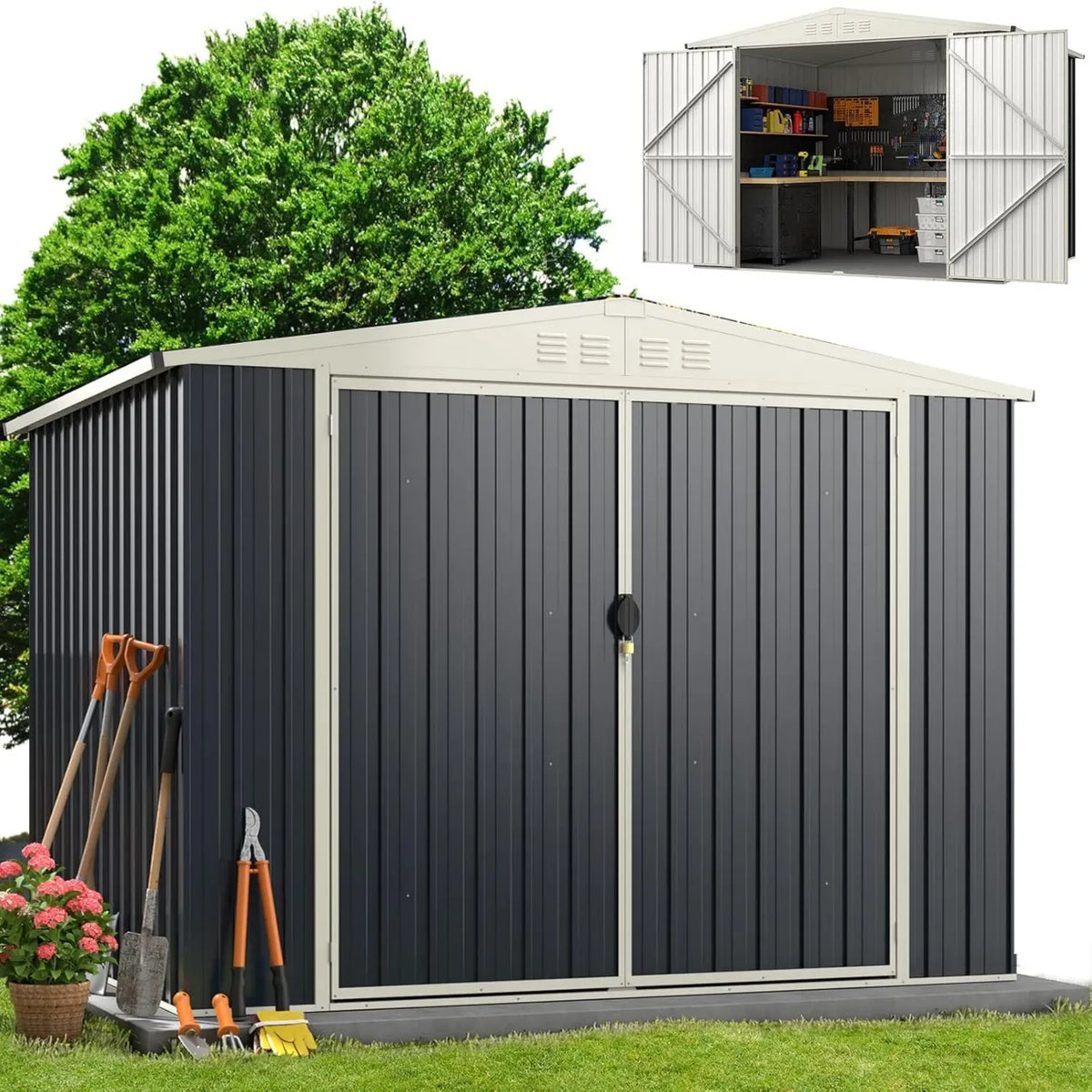 Abri de Jardin en Métal 8m³ avec Porte Sécurisée et Ventilation, 5m²
