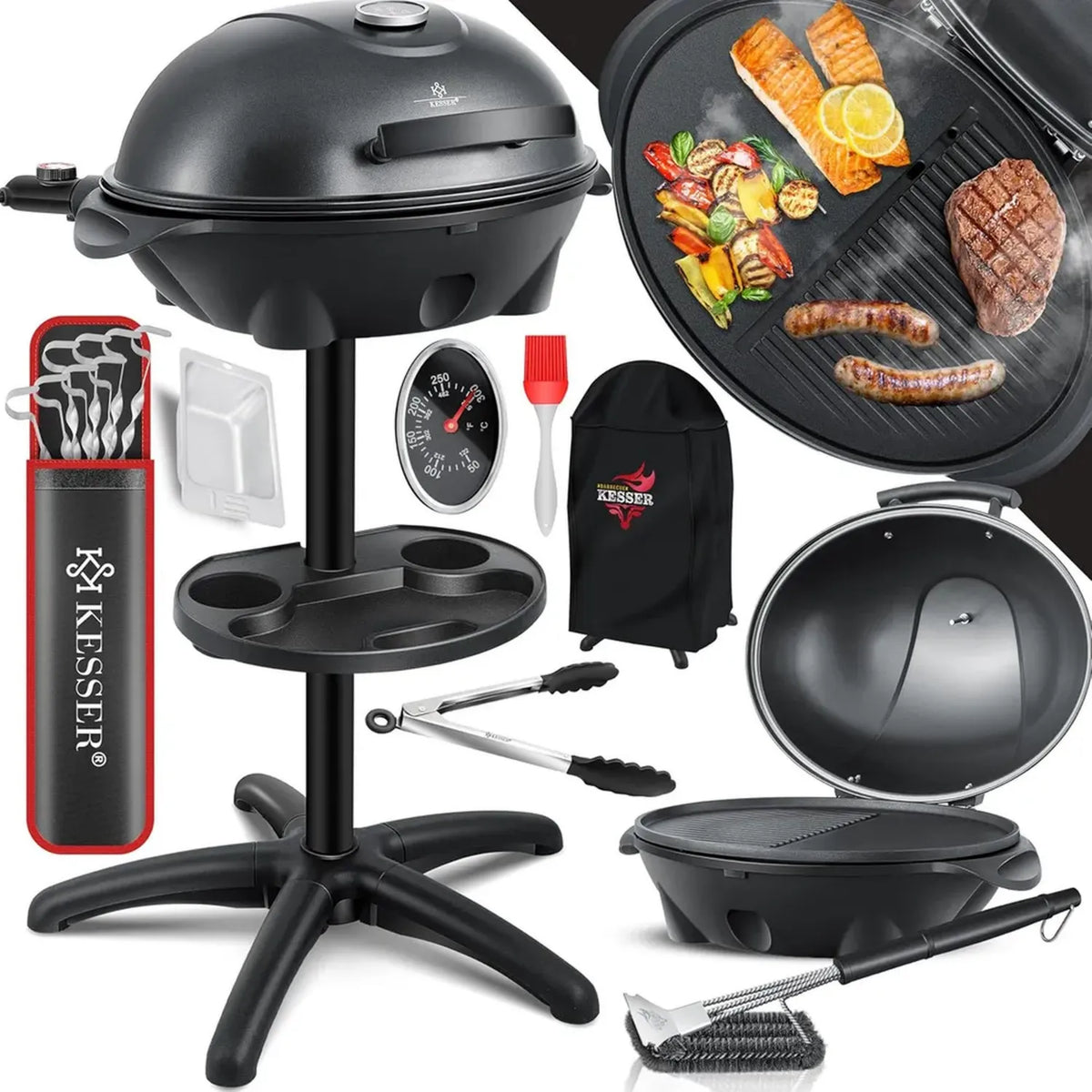 Grill Électrique sur Pied 2 en 1 avec Couvercle et Thermomètre, 2400 W, Revêtement Antiadhésif, Plaque XXL, Espaces de Rangement