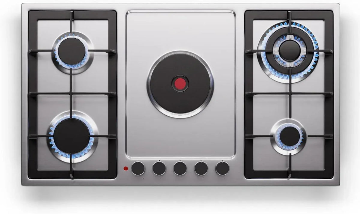 Plaque de Cuisson Combinée Klarstein MultiChef 5 Feux, Gaz et Électrique, 10.1 kW, Inox, Sécurité Enfants