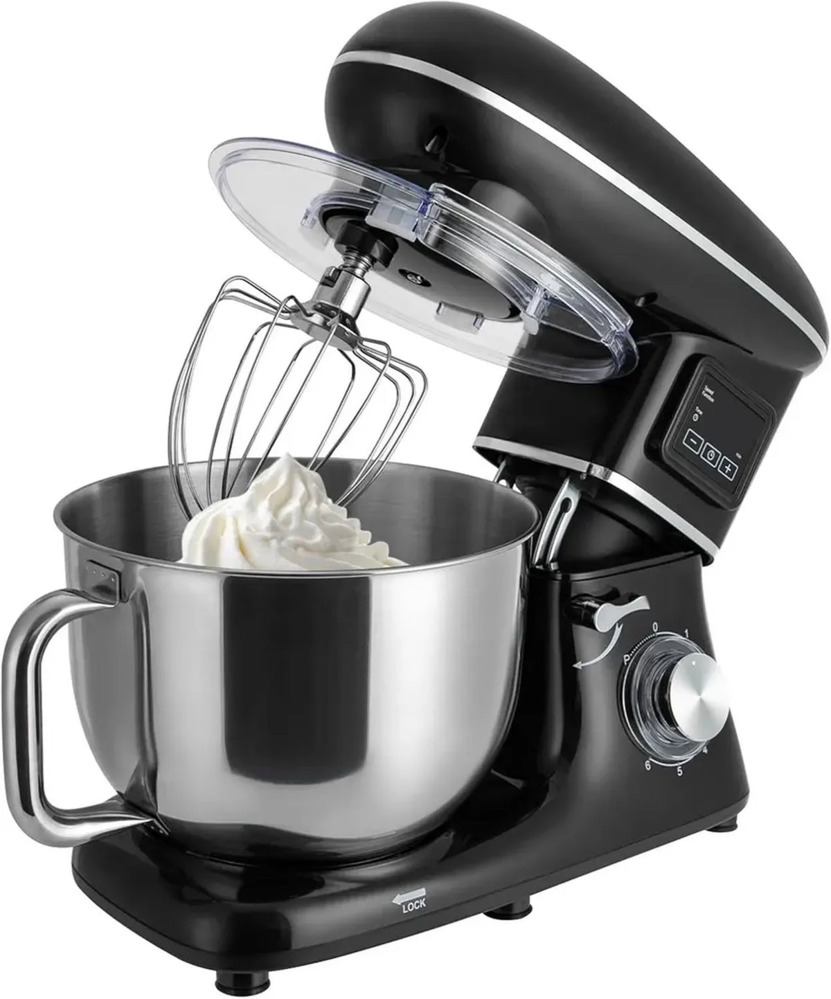 Robot pâtissier multifonction 1500W, bol inox 6,15L, minuterie LCD, antidérapant, compact, noir
