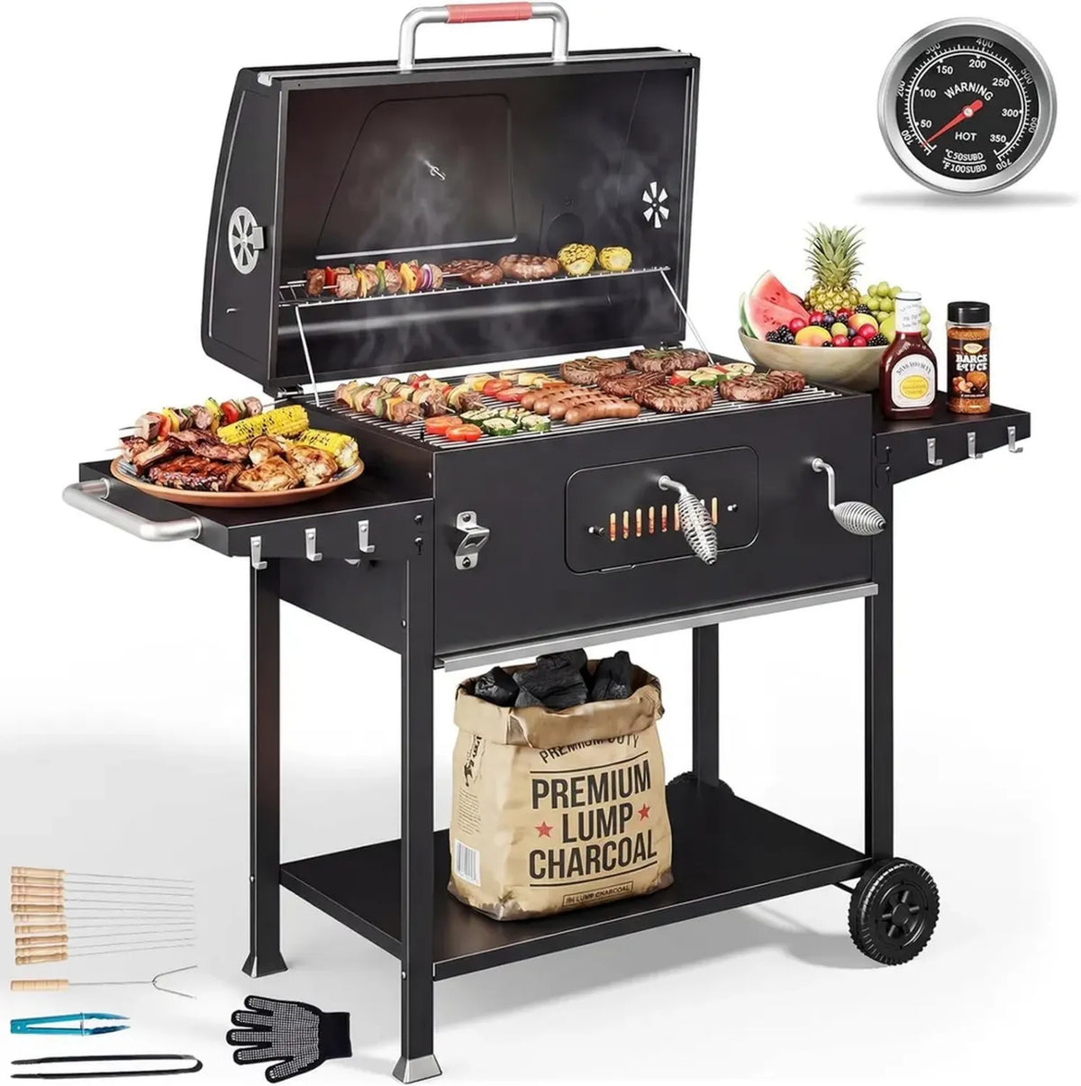 Grand Barbecue au Charbon de Bois avec Accessoires, Idéal pour Jardin et Camping