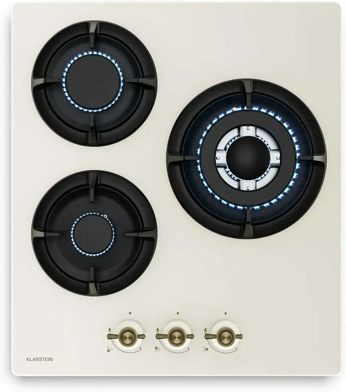 Plaque de Cuisson Gaz Klarstein Victoria 3 Feux, 6050W, 45cm, Verre Rétro, Allumage Électrique, Sécurité Anti-Flamme, GPL et Gaz Naturel Compatibles, Couleur Crème