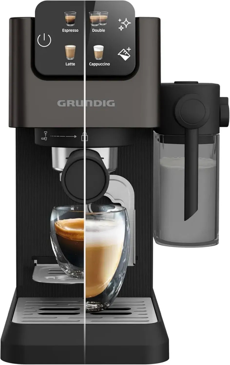 GRUNDIG KSM 5330 Expresso avec Réservoir à Lait Intégré, 1628W, 15 Bar, Écran Tactile, Double Buse, Dark Inox/Noir
