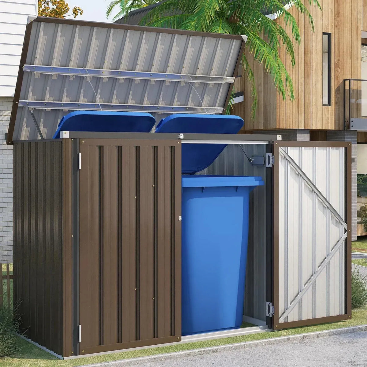 Abri Métallique Multifonctionnel pour Poubelles et Rangement Extérieur, 150x80x117.6 cm, Marron