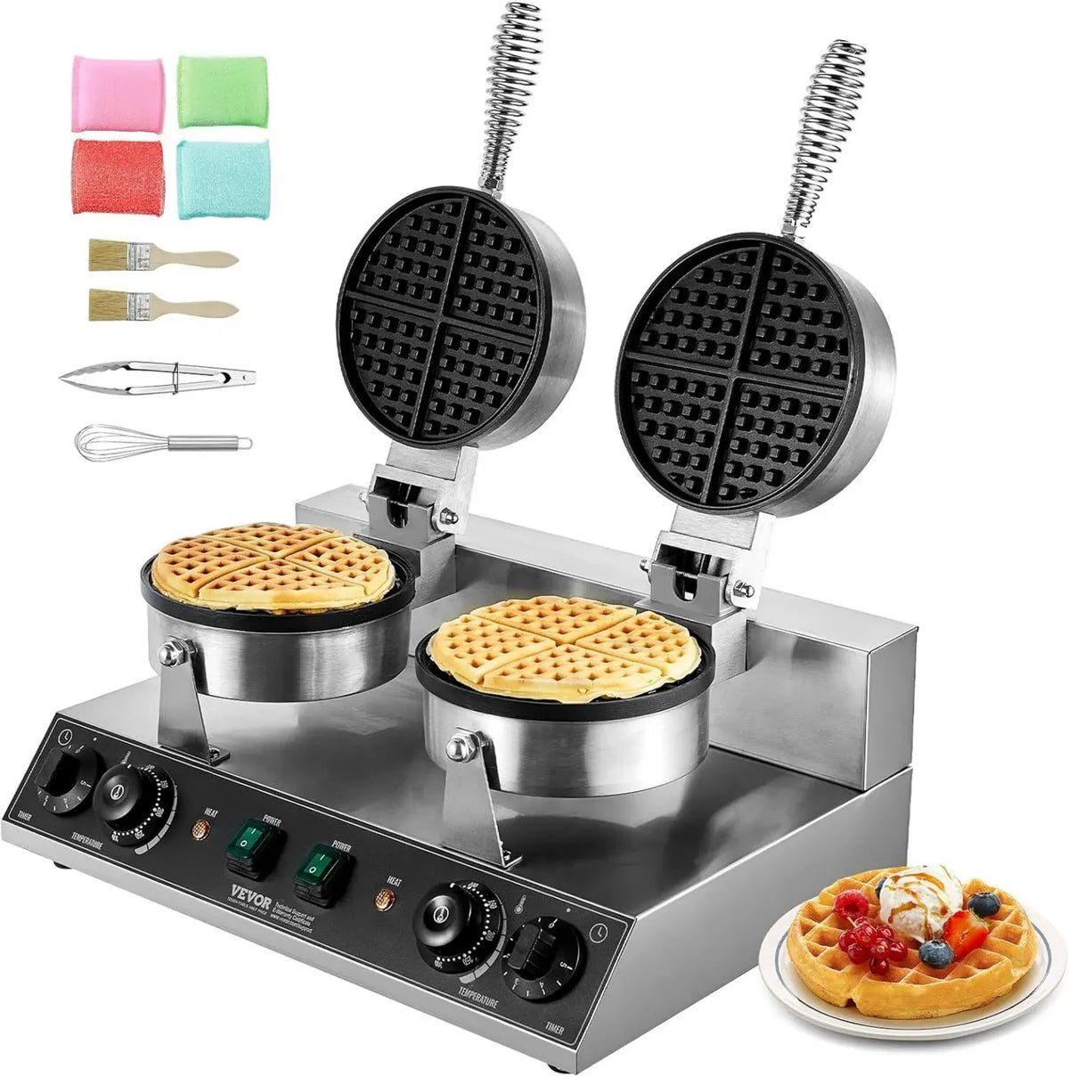 Gaufrier Professionnel VEVOR 2460 W, Double Plaque Antiadhésive en Inox, Contrôle Température et Temps, Idéal pour Restaurants et Boulangeries