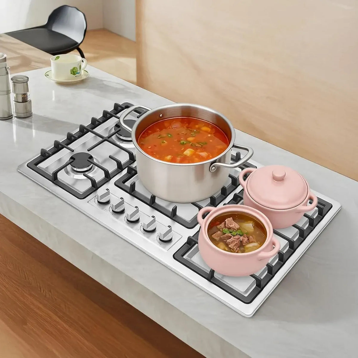 Table de cuisson gaz 5 foyers en inox encastrable avec sécurité flamme
