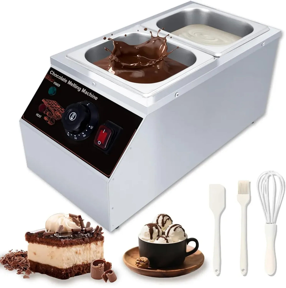 Fondu de Chocolat à Double Cuve en Acier Inoxydable avec Thermostat, Appareil Professionnel pour Chocolat, Pâtisserie, Confiserie et Fromage