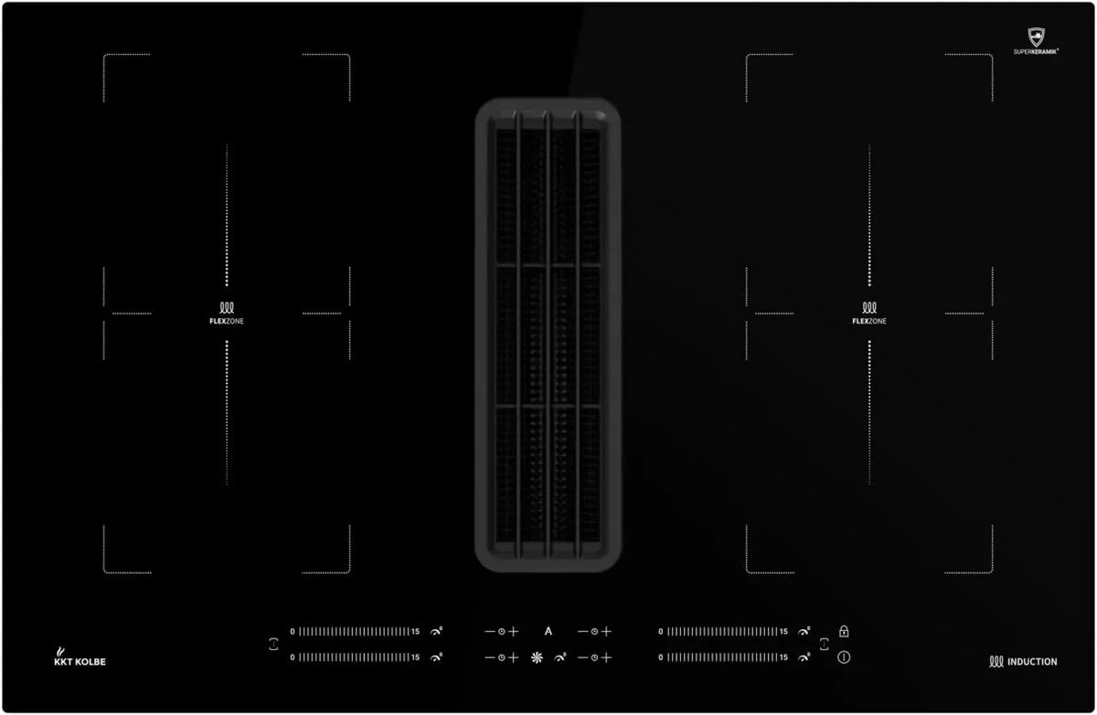 Plaque à Induction avec Aspiration Intégrée, 80 cm, 4 Zones, 15 Niveaux, 2 Zones Flexibles, 7 kW