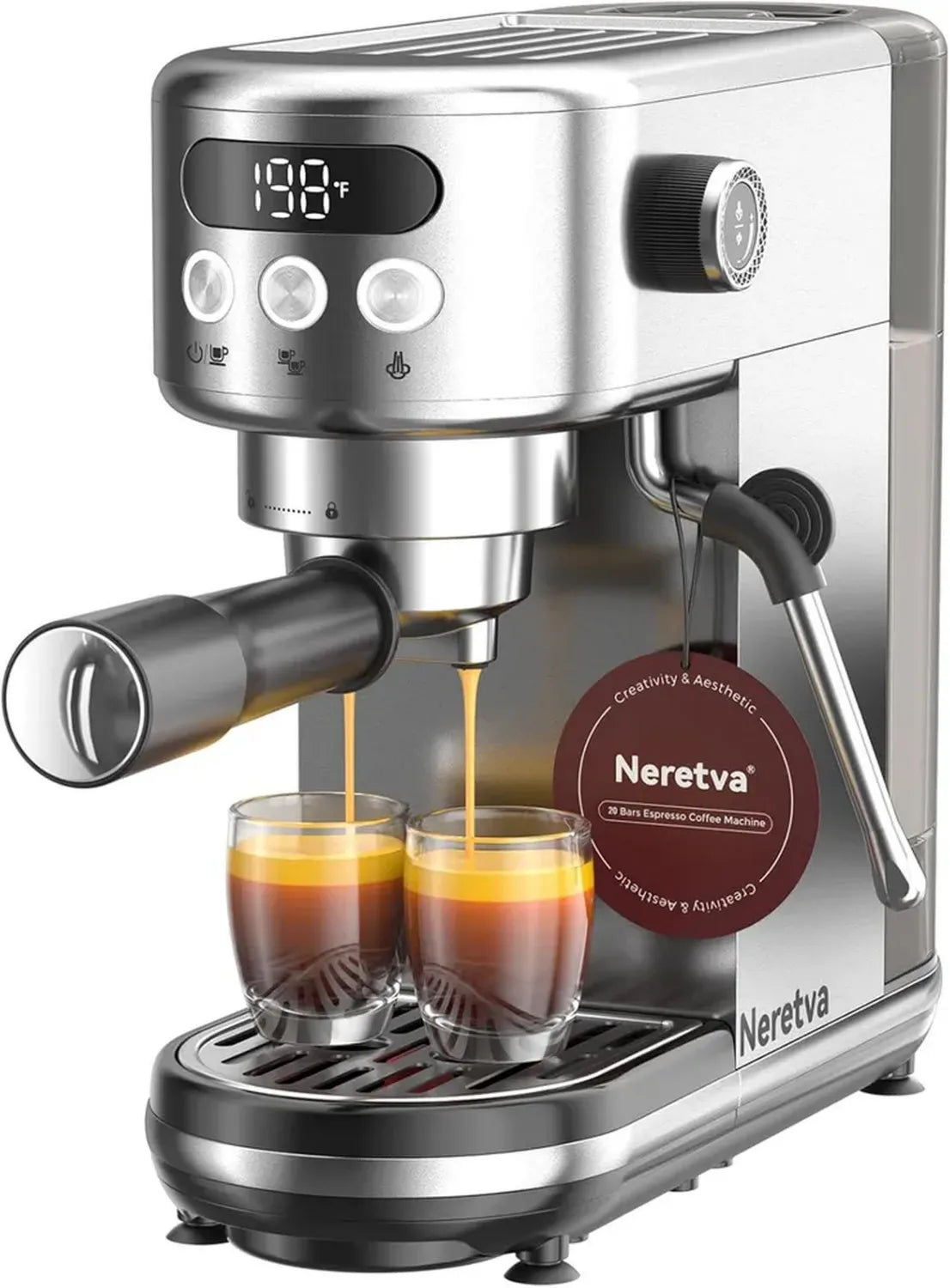 Machine à Café Expresso Neretva 20 Bar, 1350W Inox avec Mousseur et Écran LED, 1,3L