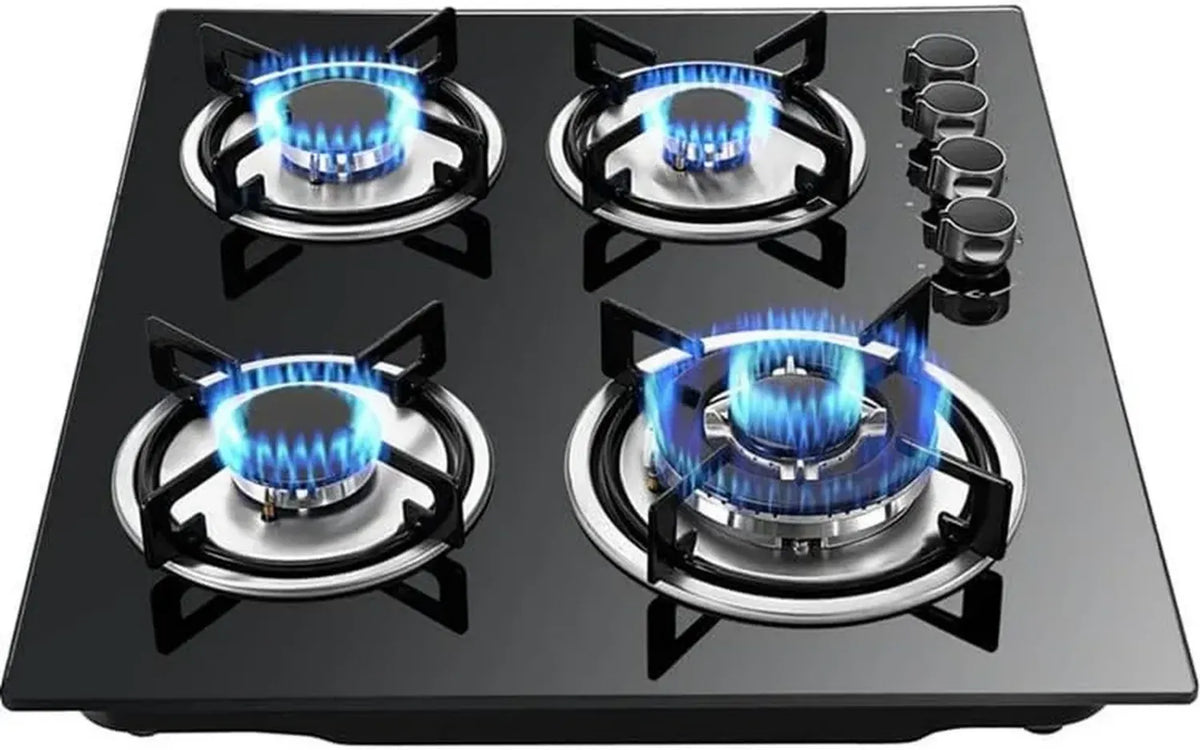 Plaque de cuisson à gaz 59CM, verre noir, 4 brûleurs avec sécurité FFD et supports émaillés
