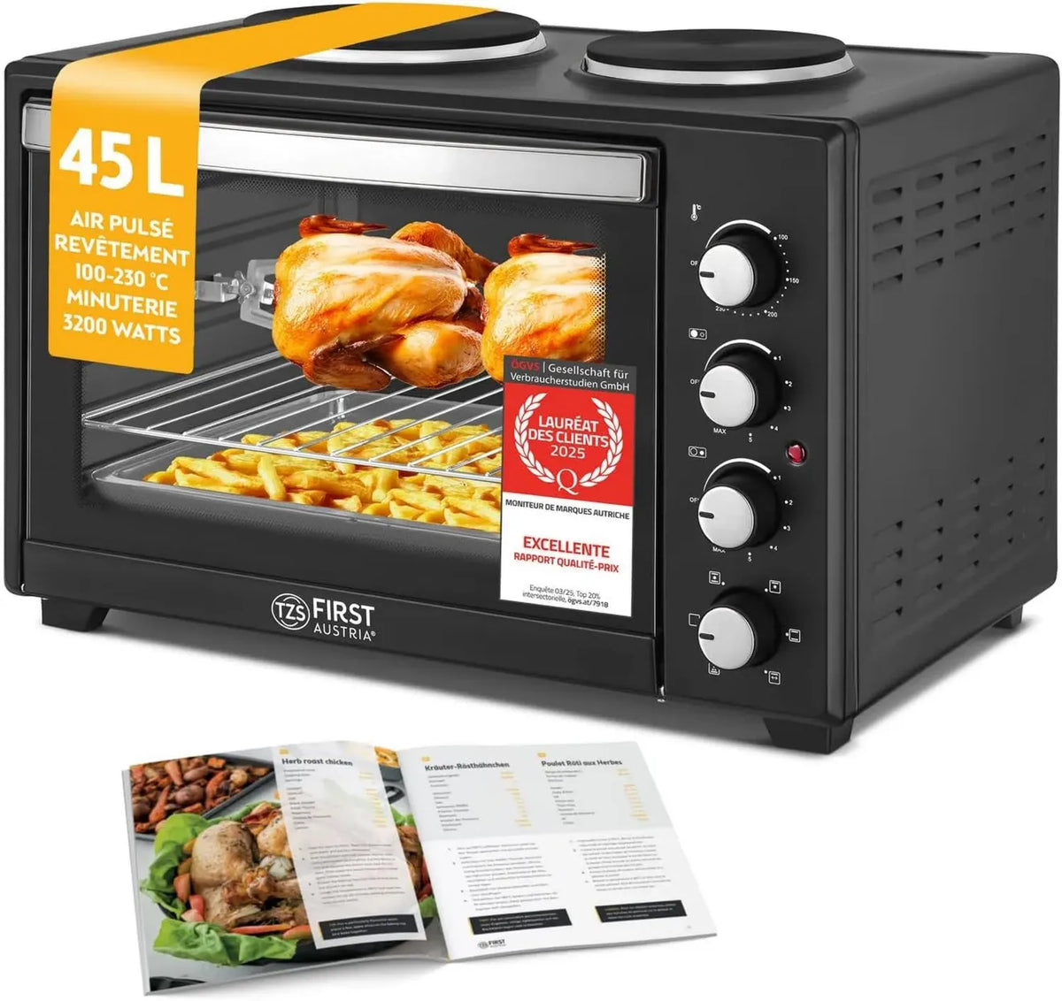 Mini-Four 45L 3200W TZS First Austria avec Plaques de Cuisson et Revêtement Antiadhésif