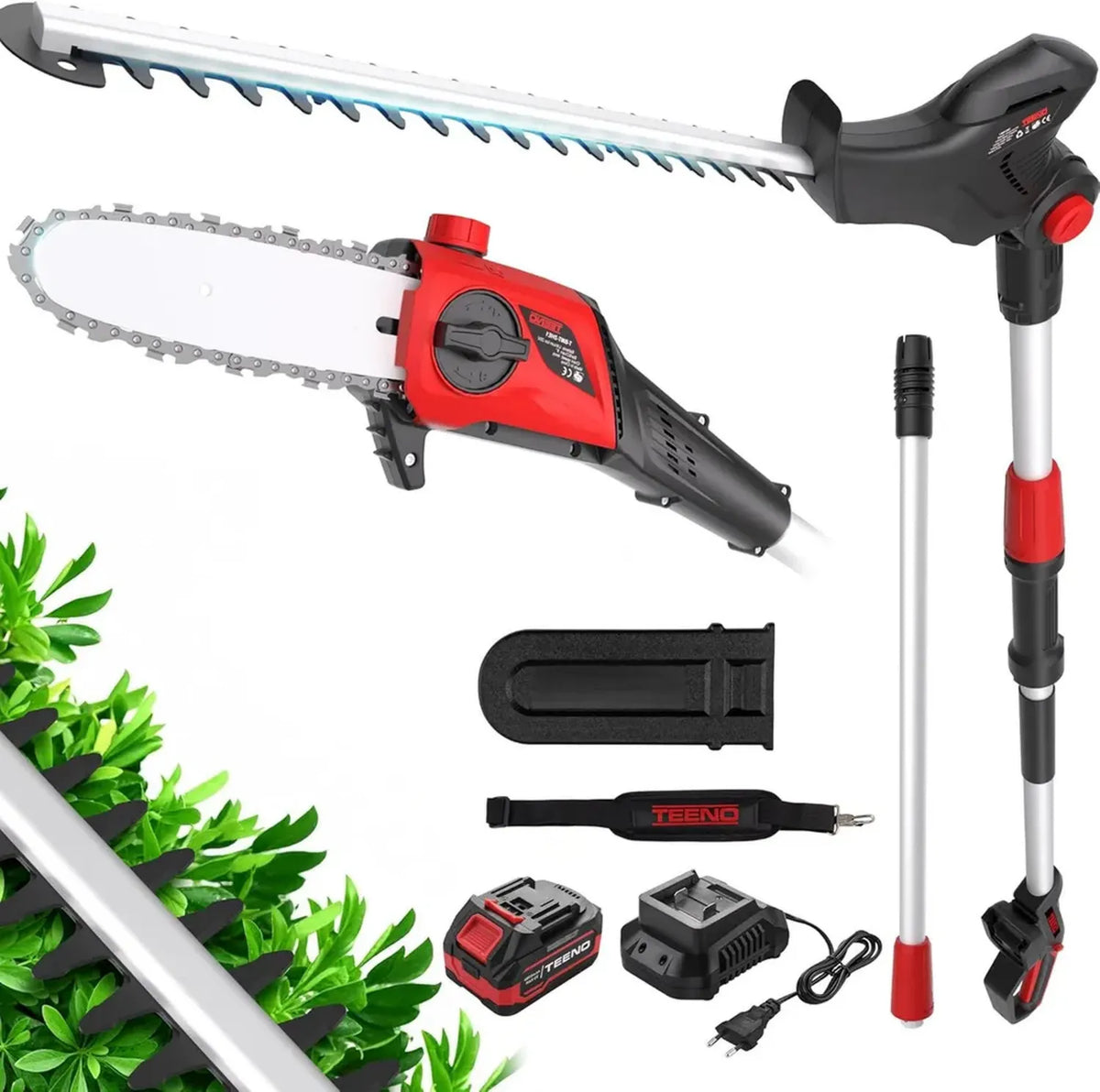 Élagueur et Taille-Haie Téléscopique sans Fil 20V, Batterie 4000mAh, Tête Inclinable, Poignée Orientable, Moteur 42 cm, Bandoulière Incluse - TEENO