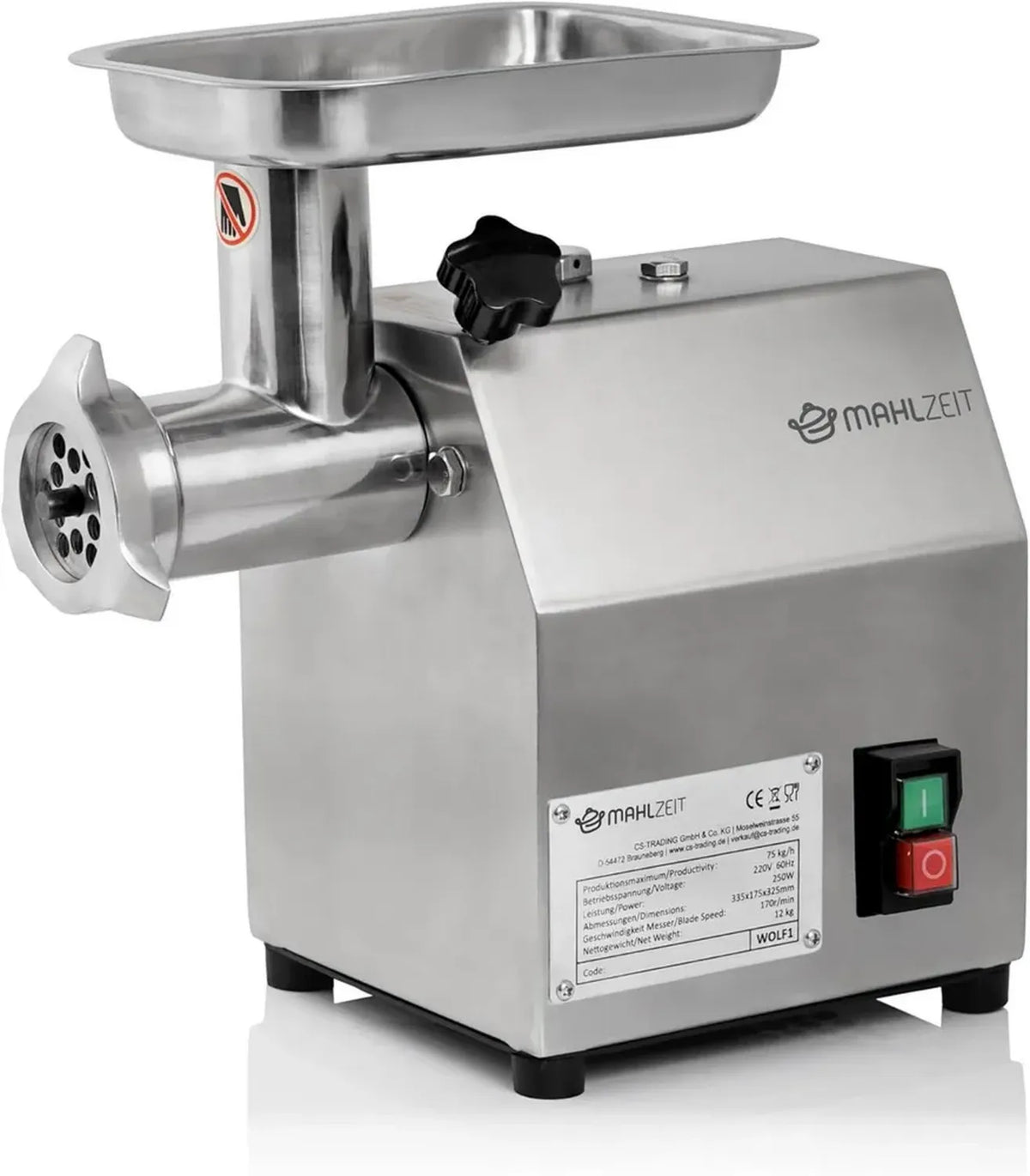 Hachoir à Viande Électrique Professionnel en Acier Inoxydable 250W, Capacité 75 kg/h avec Fonction Remplissage Saucisse