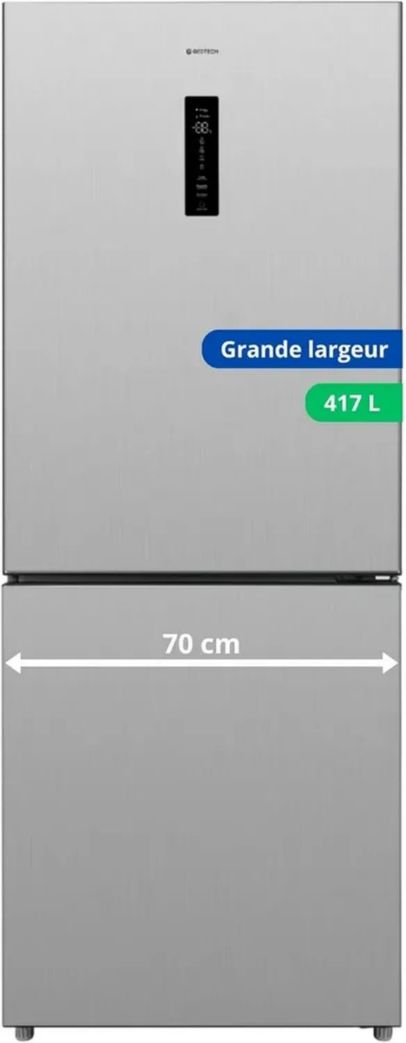 Réfrigérateur Combiné Gedtech 417L - Largeur 70cm - Congélateur Inférieur - No Frost - Finition Inox