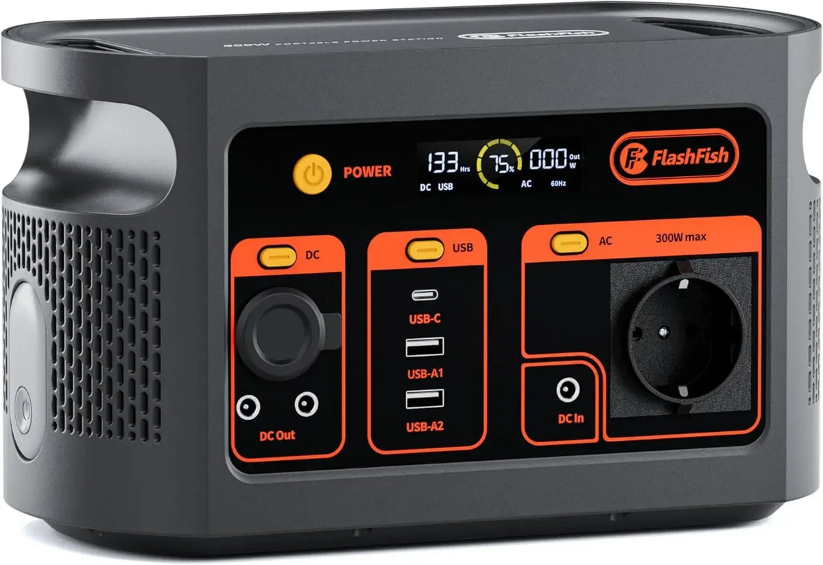 Générateur Électrique Portable 300W FlashFish, Batterie LiFePO4 179,2Wh, Charge Rapide 1H, Prise EU 220-240V, Idéal pour Camping et Urgence