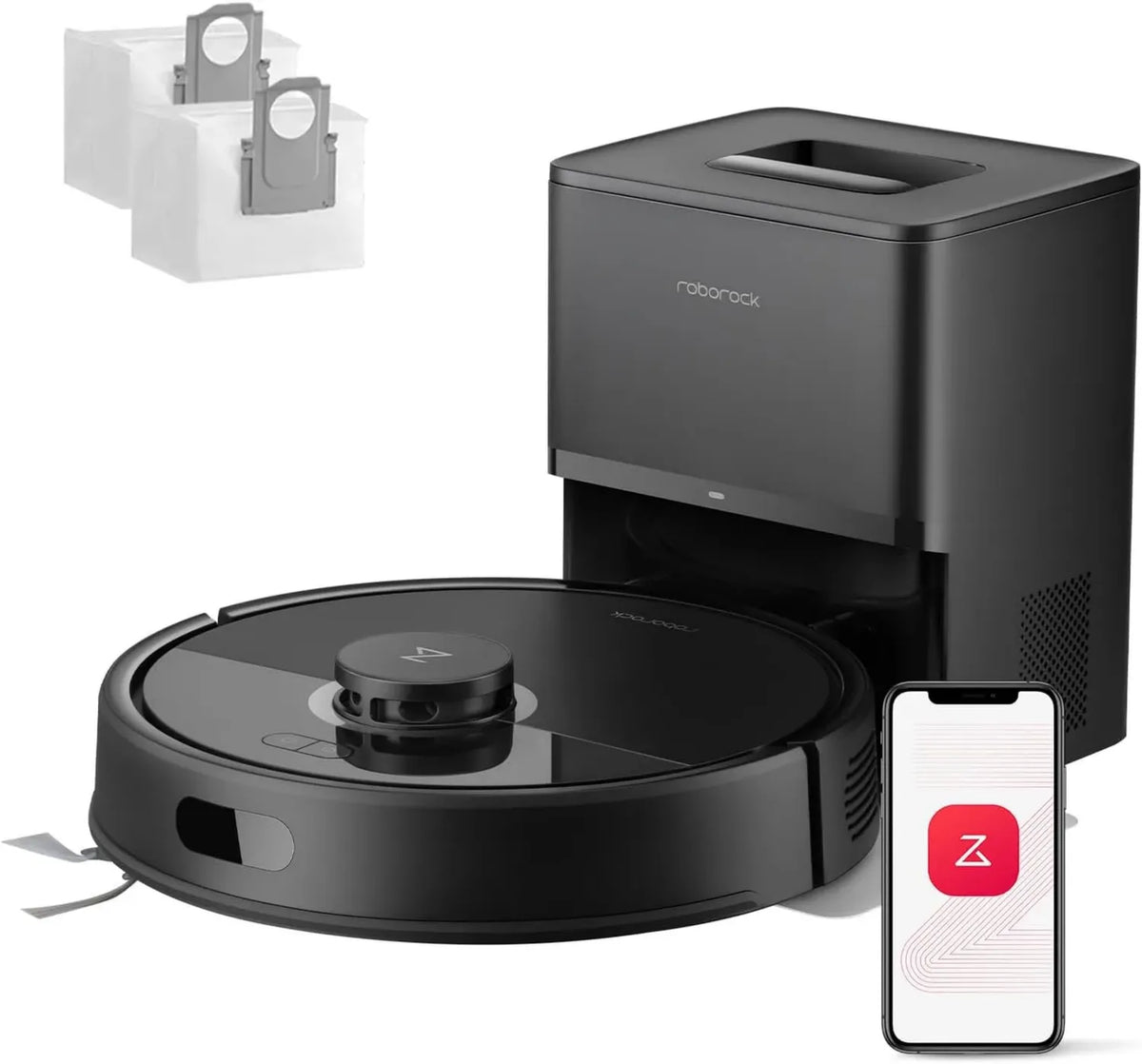 Roborock Q7 L5+ Robot Aspirateur avec Station de Vidange, Aspiration 8000 Pa, Contrôle d'Eau à 3 Niveaux, Anti-Emmêlement, Navigation LiDAR, Parfait pour Tapis et Animaux