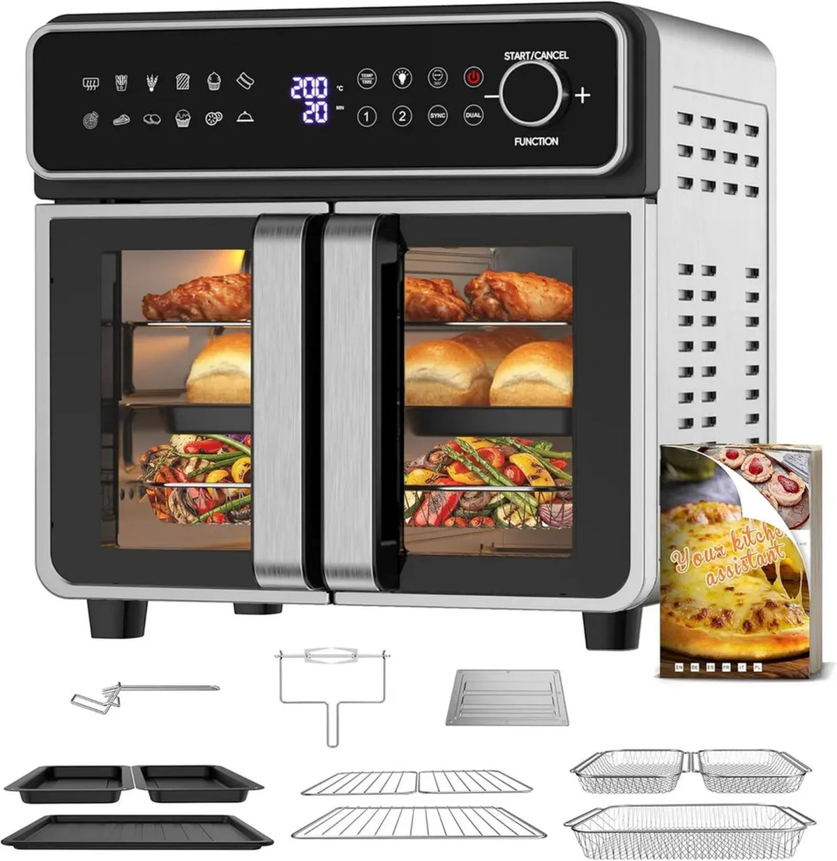 Four à Convection 23L XXL avec Fonctions de Friteuse à Air, Portes Françaises, 2400W, Commandes Rotatives et Tactiles, 15 Programmes, Recettes Incluses et 13 Accessoires