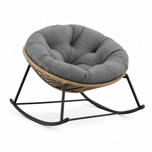 Fauteuil à bascule d extérieur type papasan en rotin synthétique PE et acier avec coussin polyester gris 110 cm x 95 cm x 85 cm
