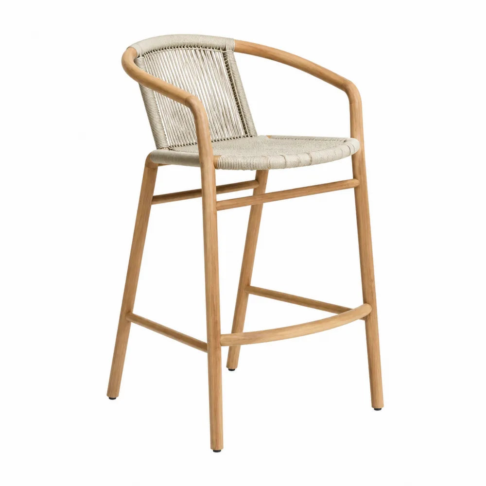 Tabouret de bar avec accoudoirs en bois d’acacia et corde tressée beige 55 x 55 x 105 cm