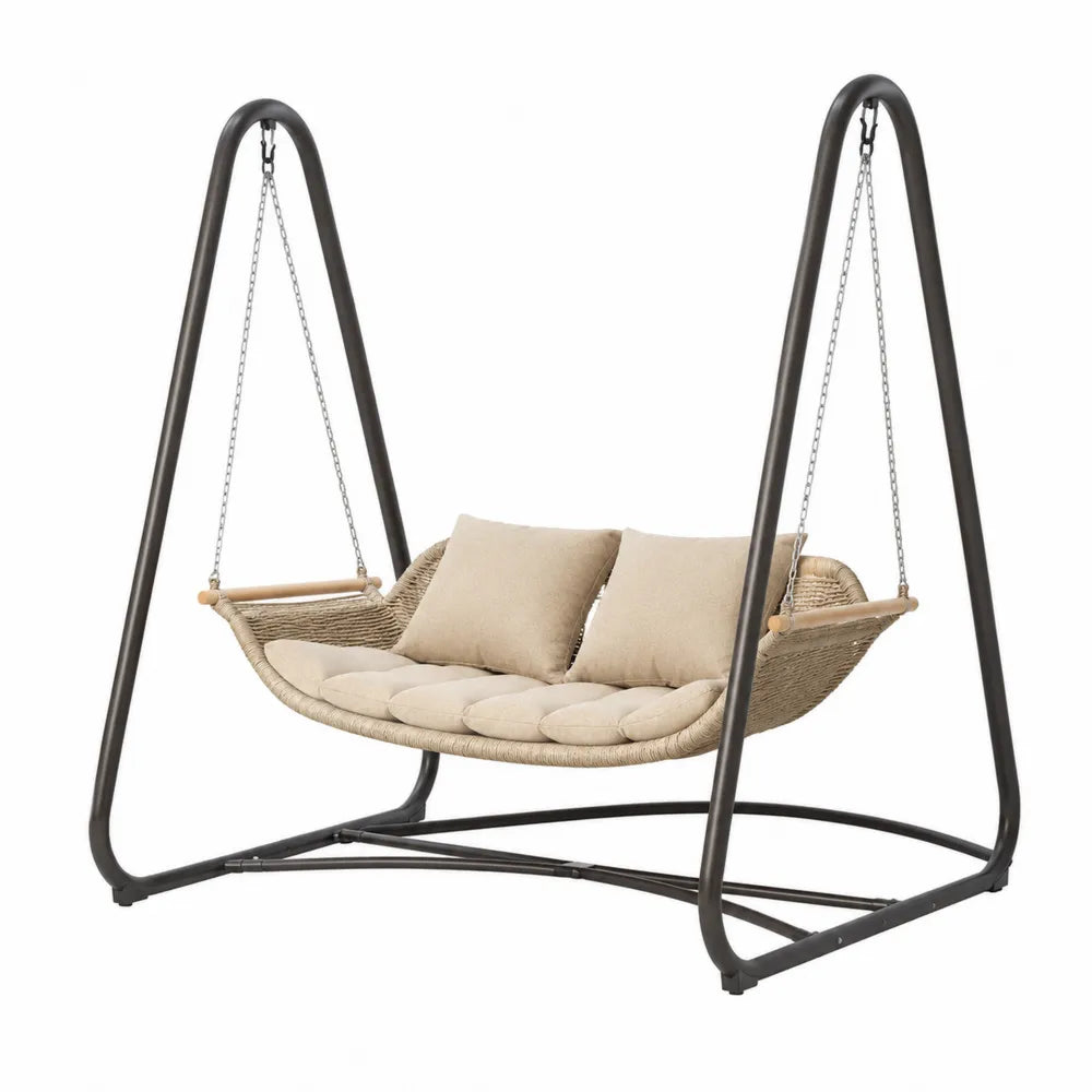 Balançoire de jardin suspendue 2 places en acier thermolaqué noir rotin synthétique beige et coussins polyester beige 165 cm x 120 cm x 180 cm