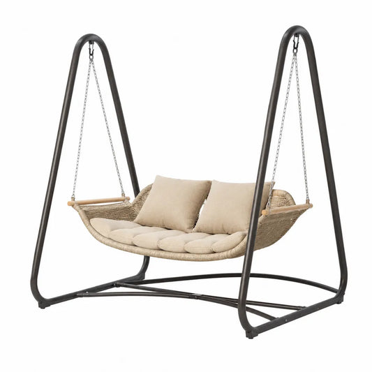 Balançoire de jardin suspendue 2 places en acier thermolaqué noir rotin synthétique beige et coussins polyester beige 165 cm x 120 cm x 180 cm