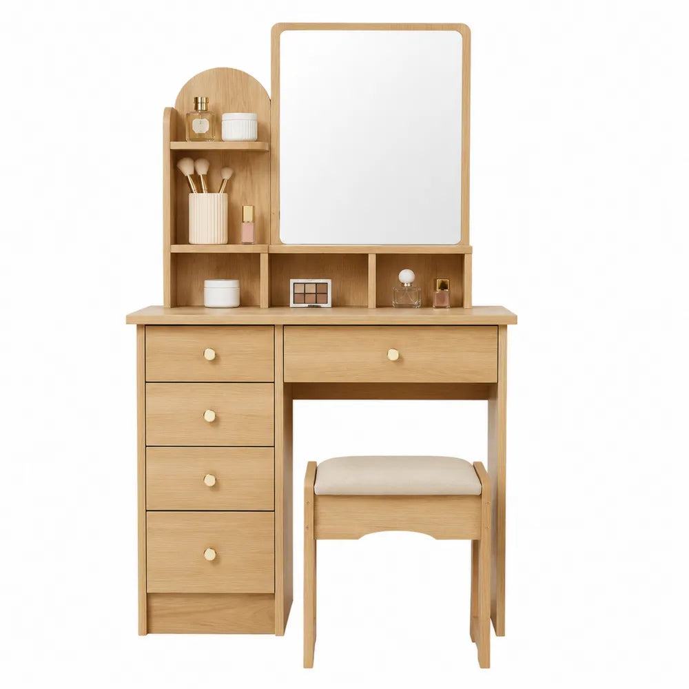 Coiffeuse avec miroir 100 x 40 x 140 cm en MDF décor chêne clair avec 5 tiroirs et tabouret