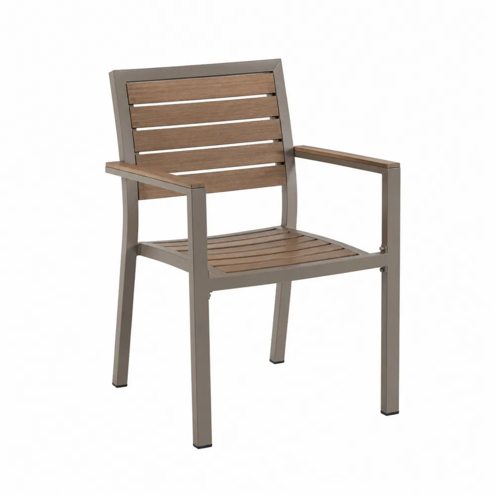 Chaise de jardin avec accoudoirs en aluminium thermolaqué gris taupe et bois d acacia massif 55 cm x 60 cm x 87 cm