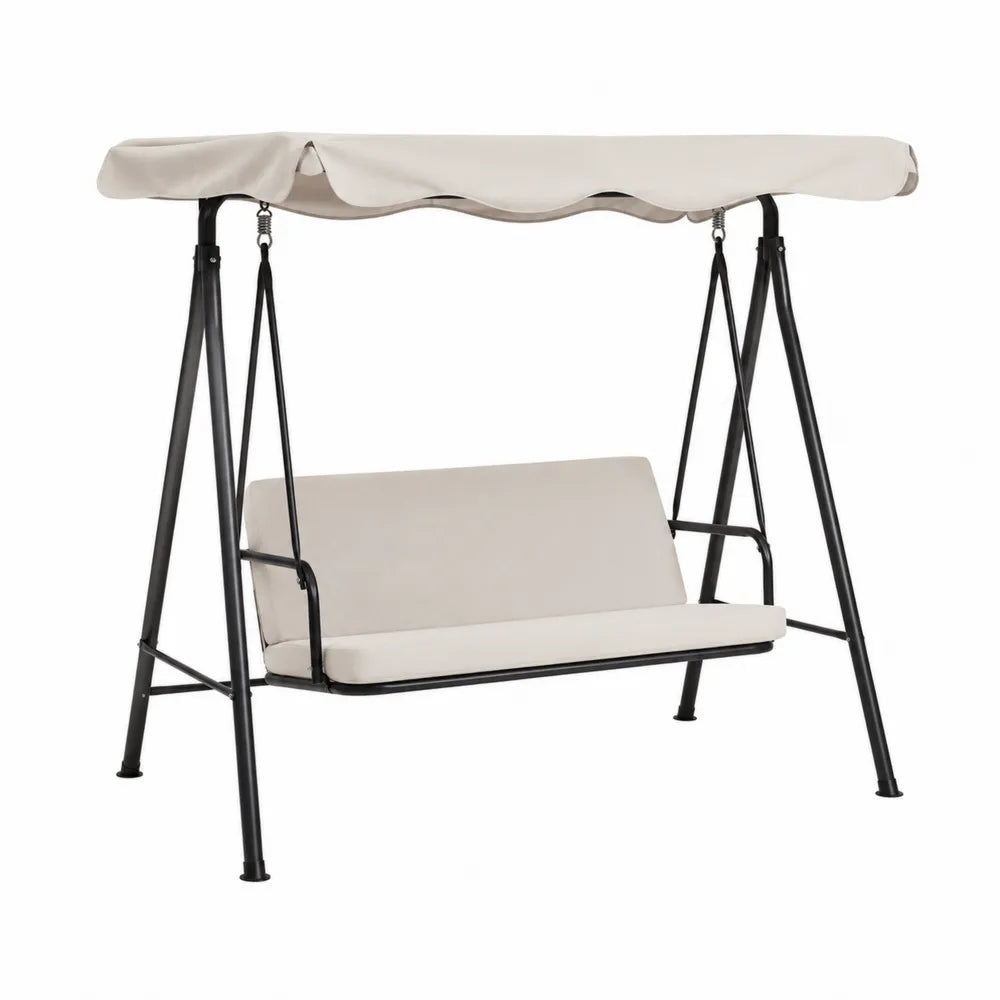Balancelle de jardin 2 places avec auvent en acier thermolaqué noir et polyester beige 170 cm x 110 cm x 153 cm