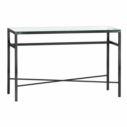 Table console 120 x 35 x 80 cm plateau en verre trempé transparent structure en acier noir étagère basse croisée