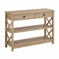 Table console 120 x 35 x 80 cm MDF plaqué chêne naturel 2 tiroirs étagères ouvertes croisillons en X