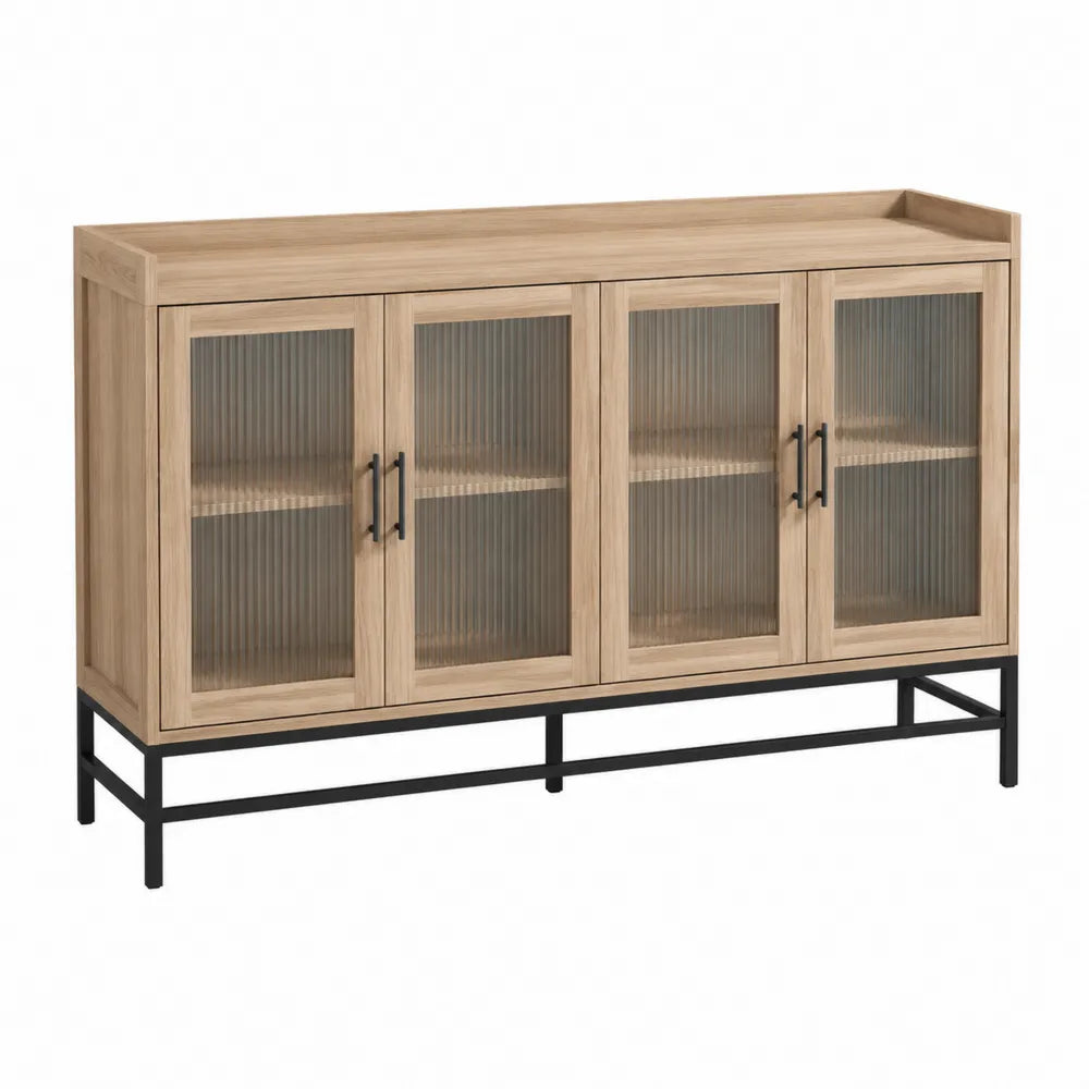 Meuble console 160 x 40 x 85 cm MDF placage chêne naturel 4 portes en verre cannelé structure métal noir